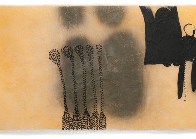 05 innere Spur III, 2012, Acryl, Sprühlack, Collage, Wachs auf Japanpapier, 78 x 145 cm
