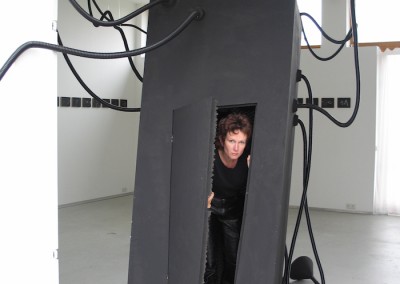 Die Hörfalle, 2006, akustisch-interaktive Installation mit Kopf, Hörtrichtern, begehbarem Kasten
