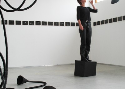 Die Hörfalle, 2006, akustisch-interaktive Installation mit Kopf, Hörtrichtern, begehbarem Kasten