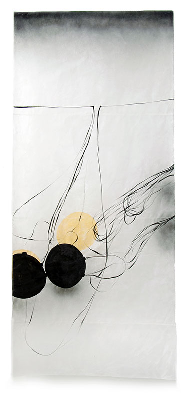 03 contact - labile Zone, 2011, Acryl, Sprühlack, Collage, Wachs auf Japanpapier, 220 x 97 cm