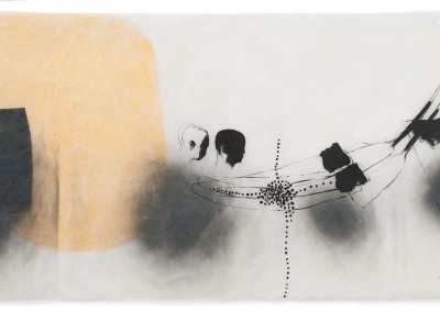 04 innere Spur (Überfahrt), 2012, Acryl, Sprühlack, Collage, Wachs auf Japanpapier, 78 x 145 cm