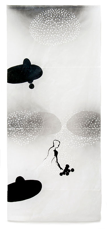 07 contact - labile Zone, 2011, Acryl, Sprühlack, Collage, Wachs auf Japanpapier, 220 x 97 cm