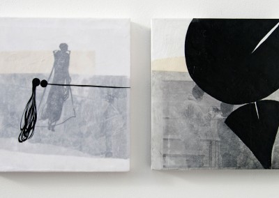 15 schwer-leicht, 2012, Acryl, Wachs, Collage auf Holz, je 30 x 30 cm