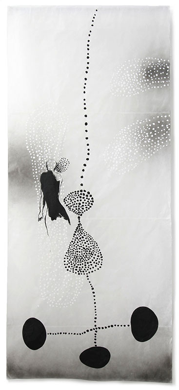 18 traces humaines, 2011, Acryl, Sprühlack, Collage, Wachs auf Japanpapier, 220 x 97 cm